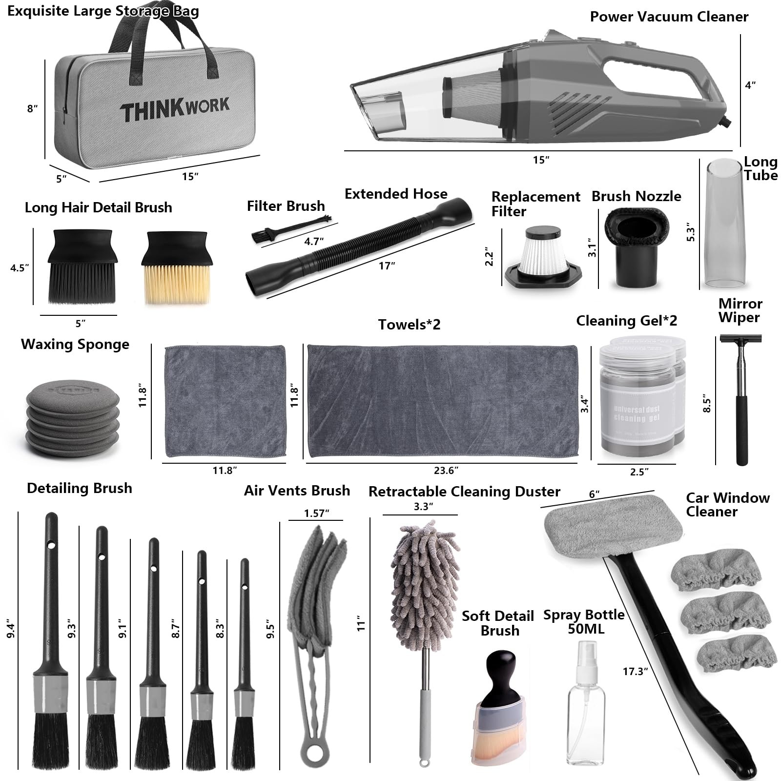 THINKWORK Car Cleaning Kit, Detailing Kit 31PCS with Corded vacuum, Gray