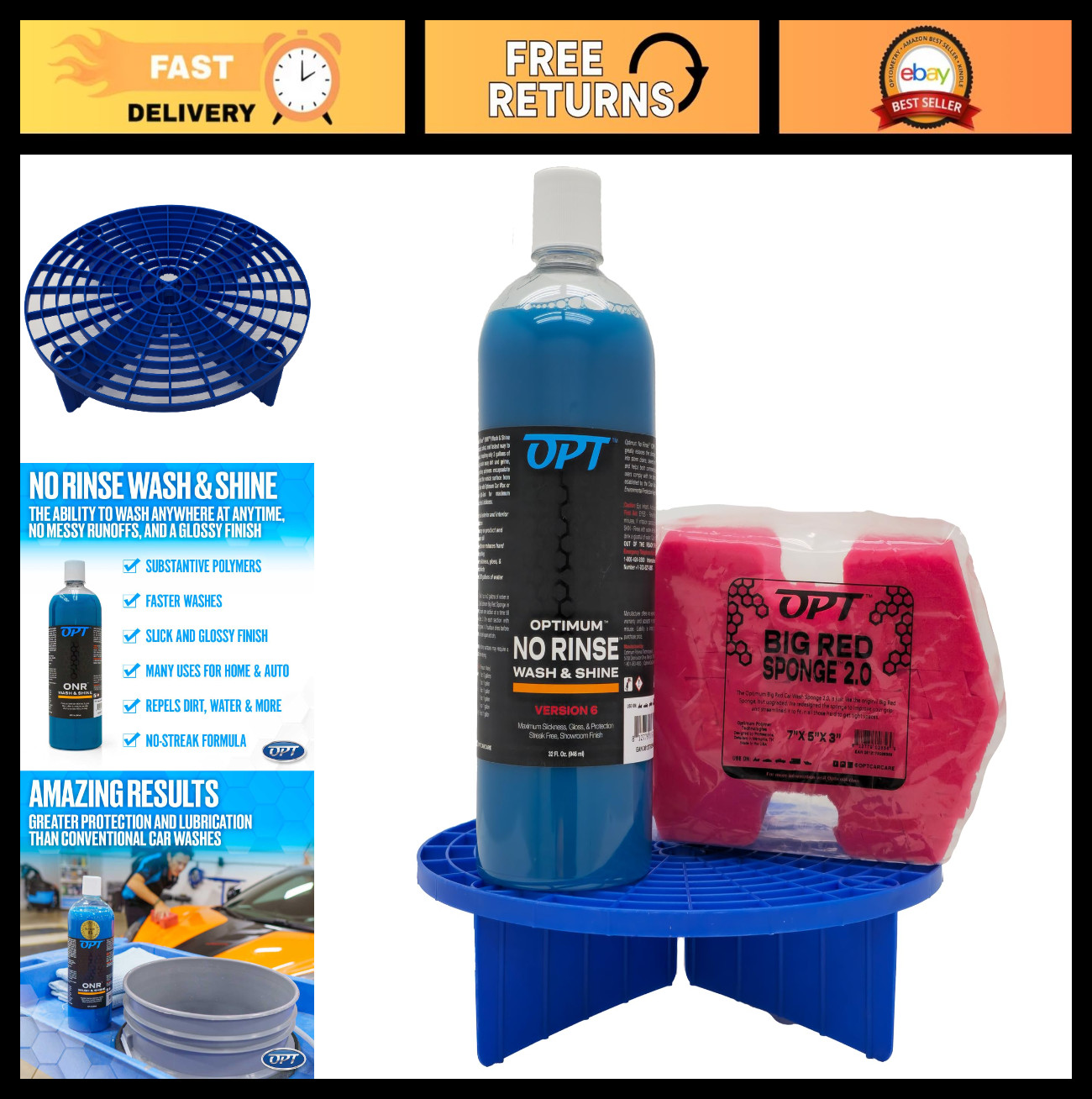 Rinseless Car Wash Kit – 32oz No Rinse Solution, Grit Guard Insert & Big Red Spo