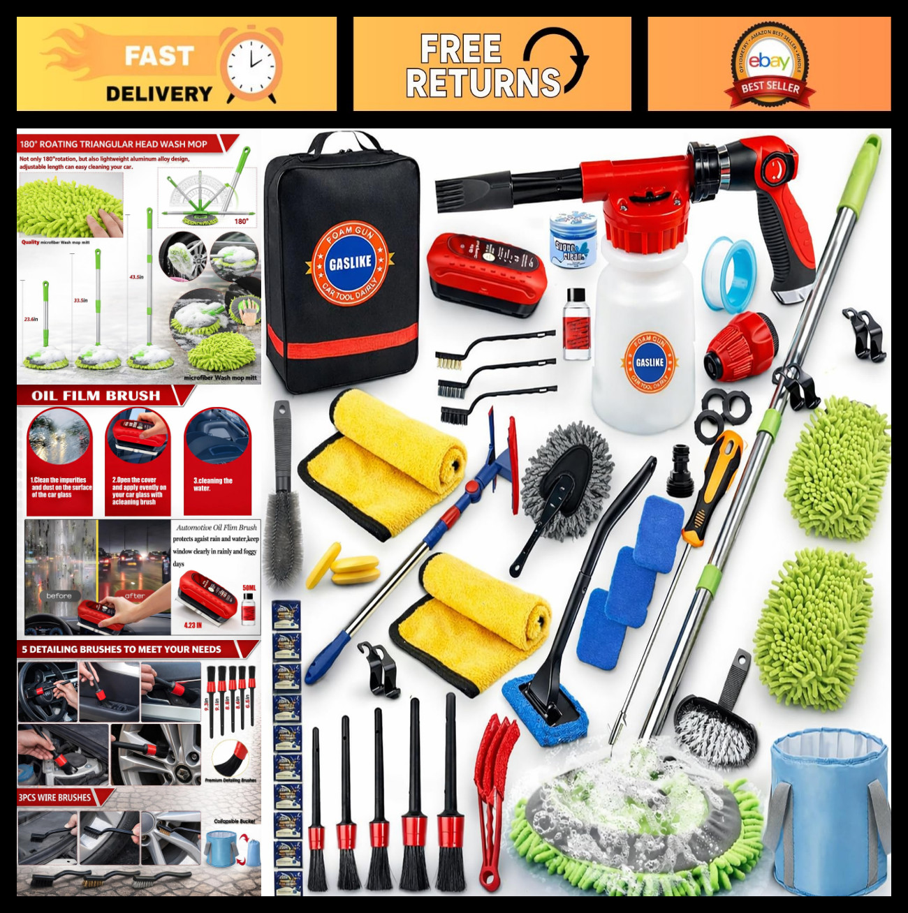 56Pcs Car Wash Cleaning Kit – Foam Gun, Long Handle Brush, Wheel Brush & Hose Sp