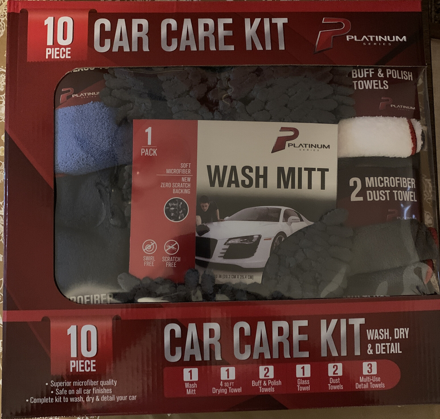 10 Ps Platinum Series Car Care Kit, Wash Mitt, Drying, Buff, Glass, Dust Towels