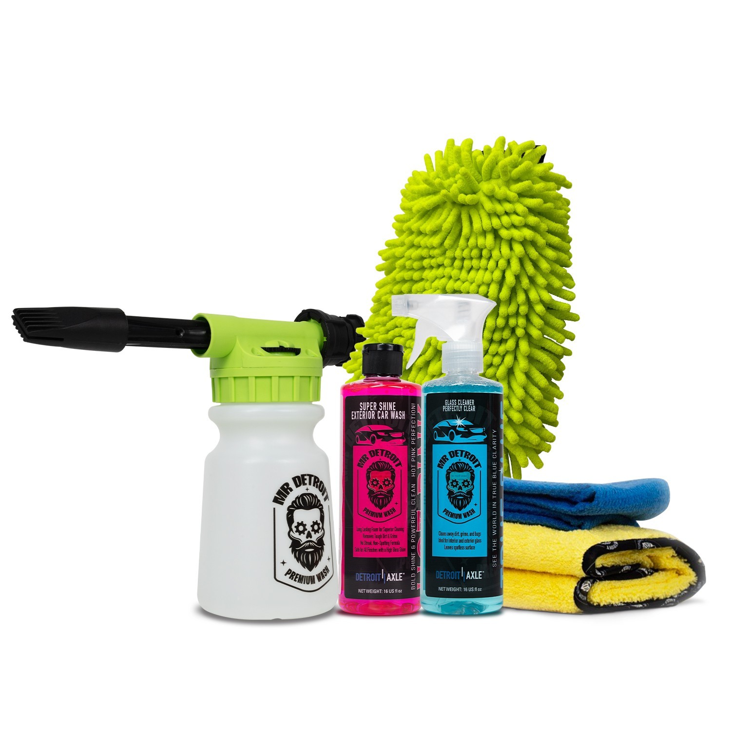Mr. Detroit – 6pc Car Wash Kit w/Foam Blaster, Soap, Mitt, Towels for Detailing