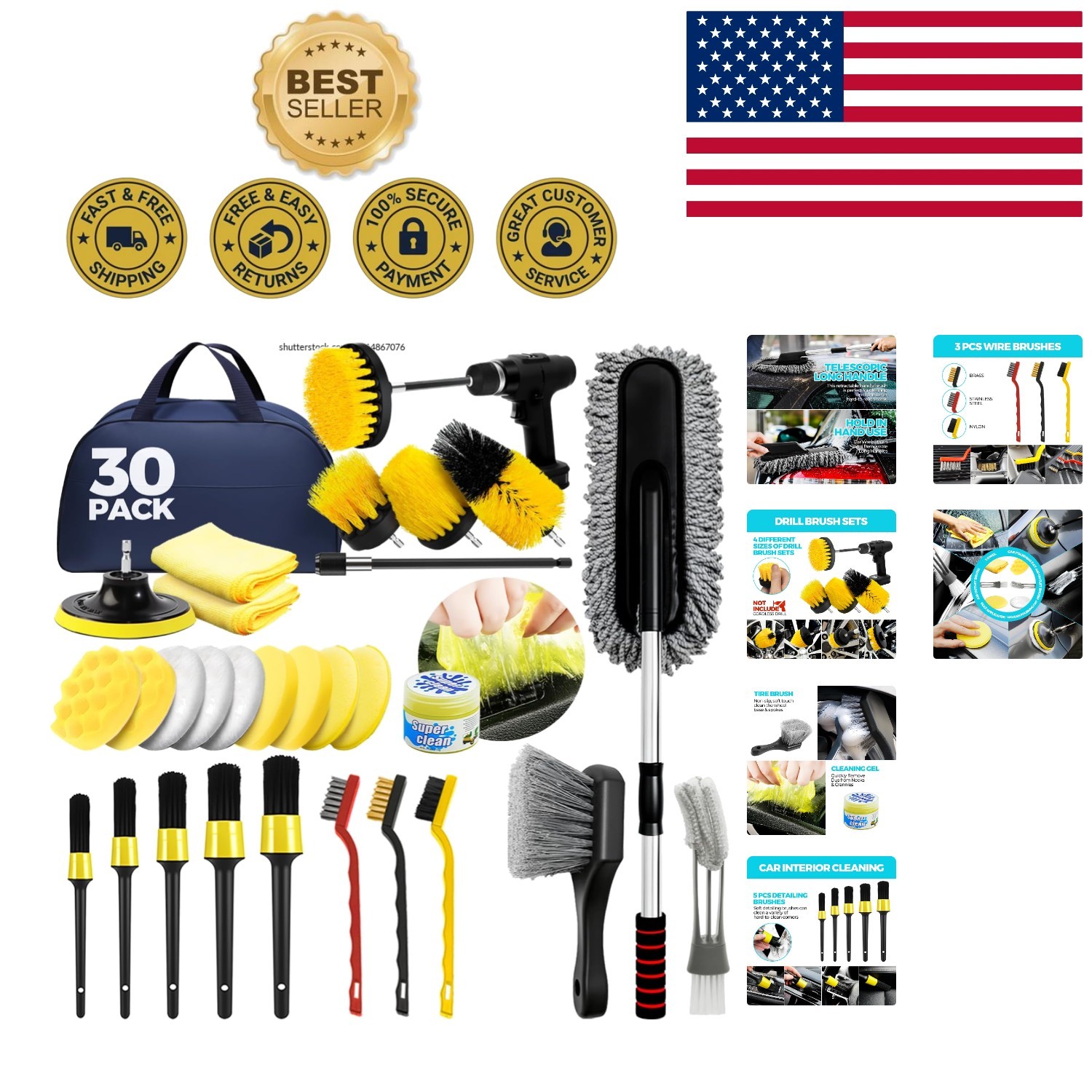 Versatile 30PC Car Detailing Brush Set with Extendable Handle for Precision Care