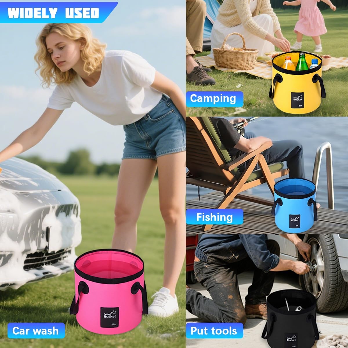 Bittwee 20L 5 Gallon Car Collapsible Bucket with Handle, Outdoor Yellow