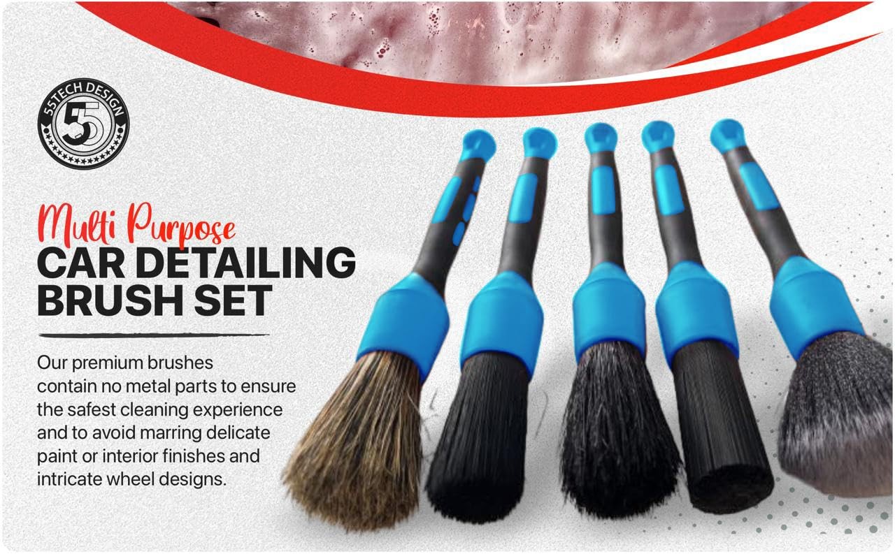 Preimum Car Detailing Brush Set – 5 Pack Auto Detail Kit for Automotive, BLUE