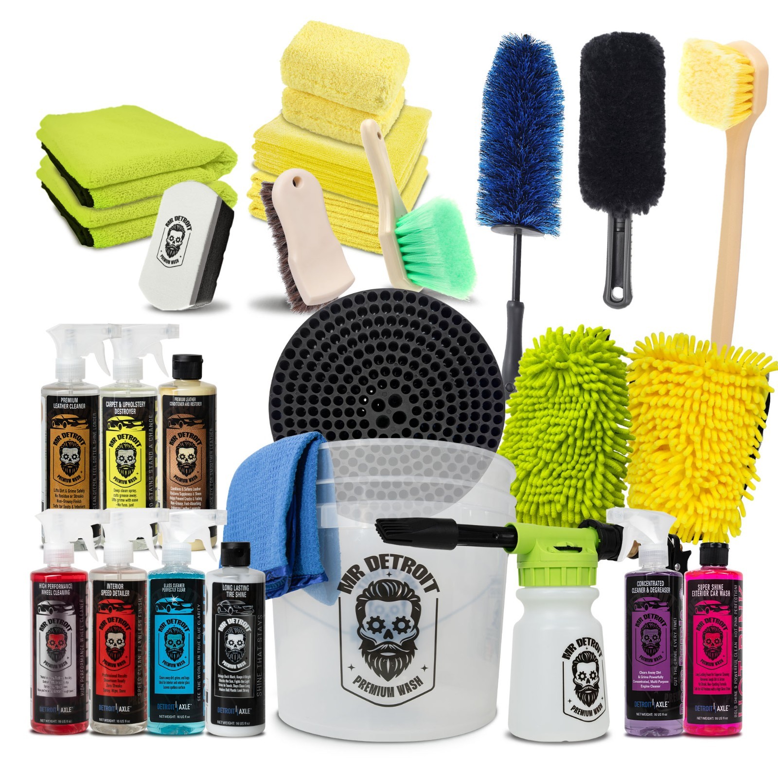 Mr. Detroit – 26pc Car Wash & Detailing Kit – Foam Blaster, Brushes, Cleaners