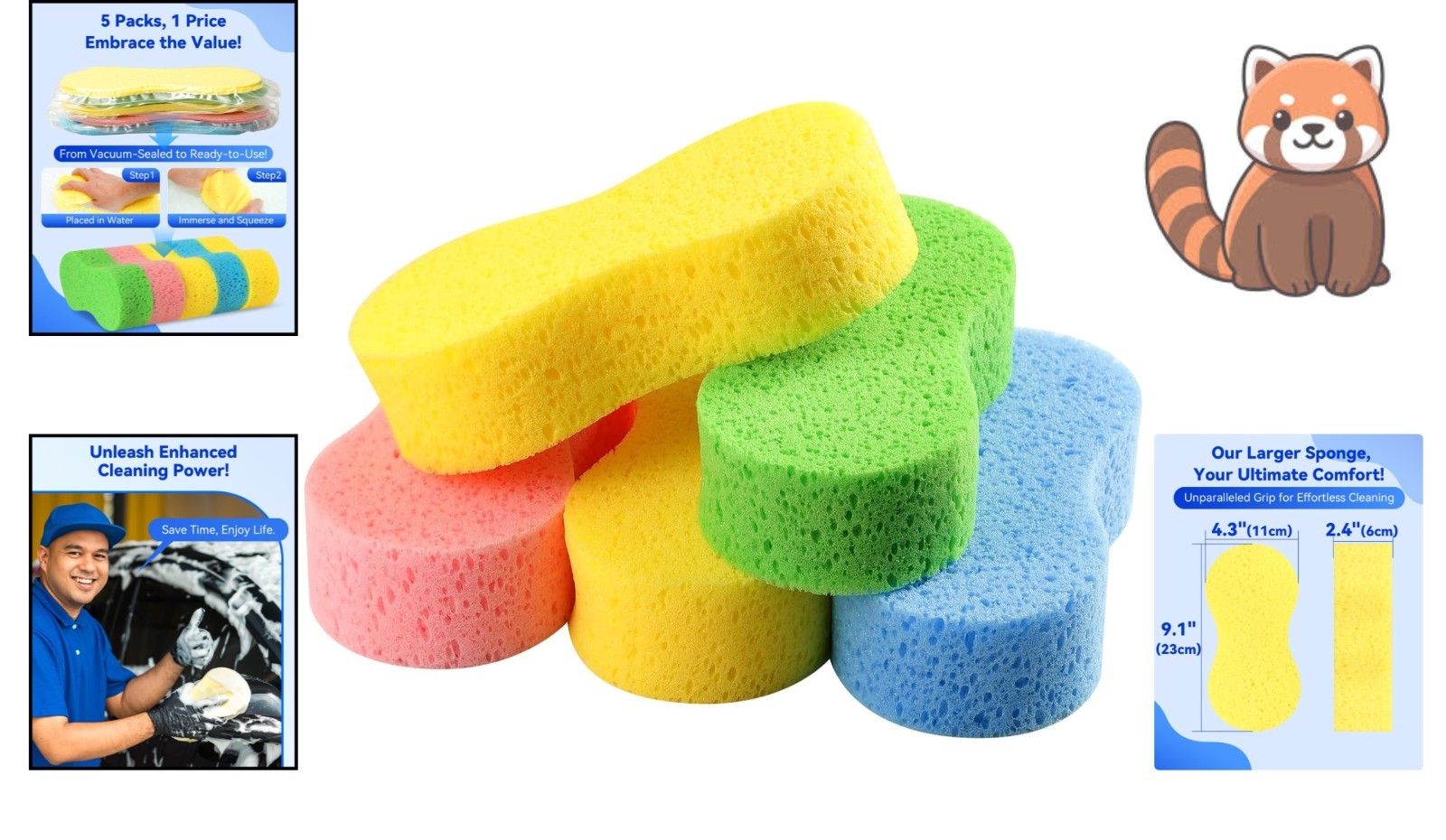 5-Pack Large Car Wash Sponges, Extra Thick Foam for All-Purpose Cleaned Spaces