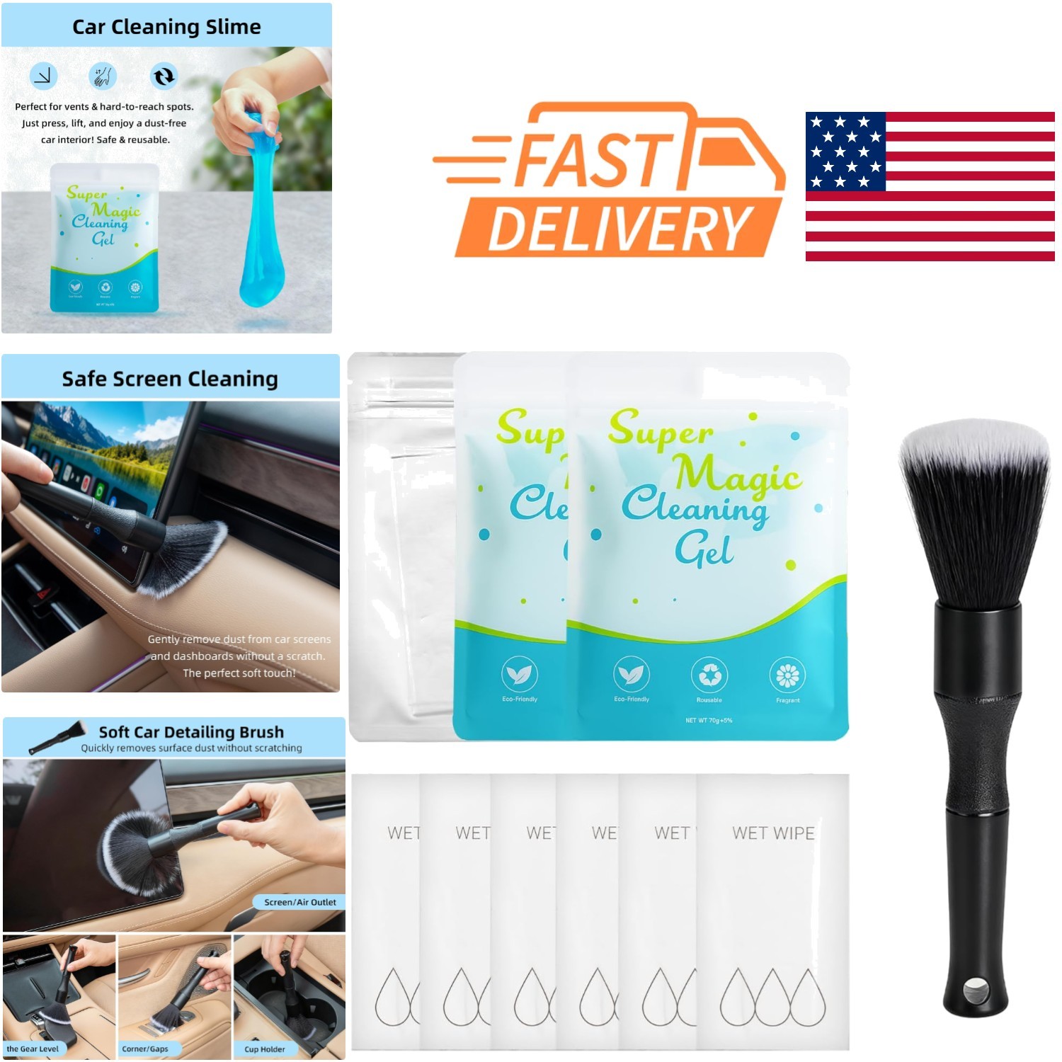 All in One Car Cleaning Kit 10 Pieces for Interior and Electronics Maintenance
