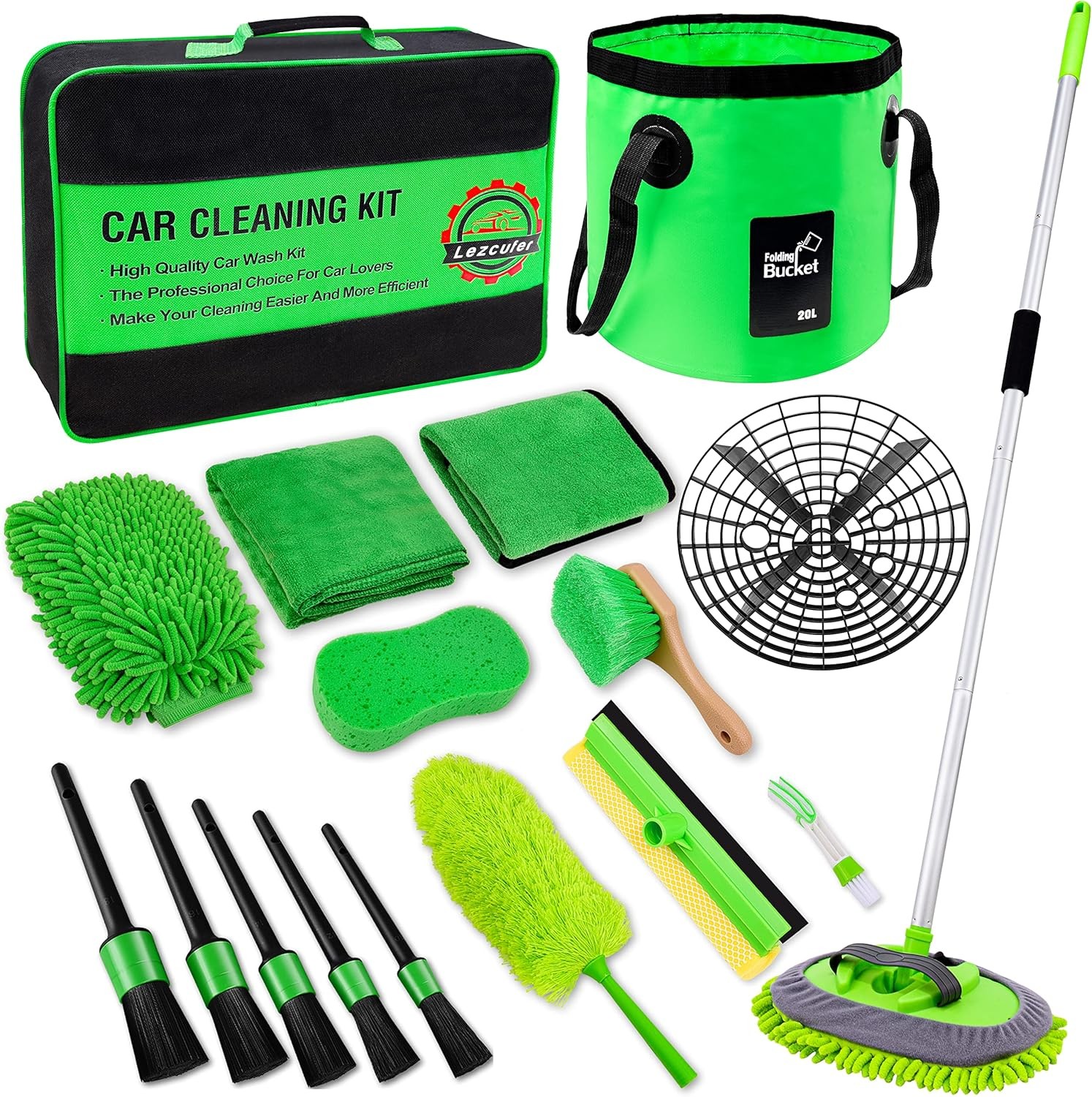 17 Pcs Car Wash Kit, 62″ Car Wash Brush Mop with Long Handle, Car Cleaning Kit