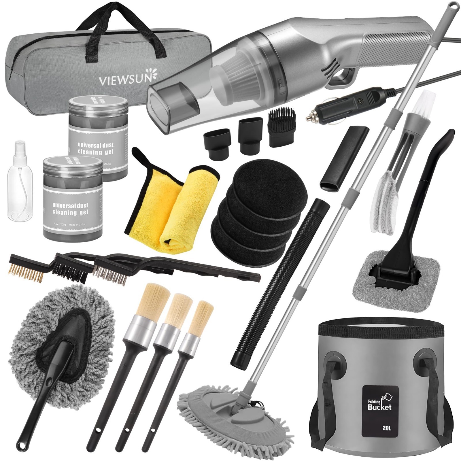 21Pcs Car Cleaning Kit – High Power Vacuum, Mop, Detailing Brushes, Bucket, Wind