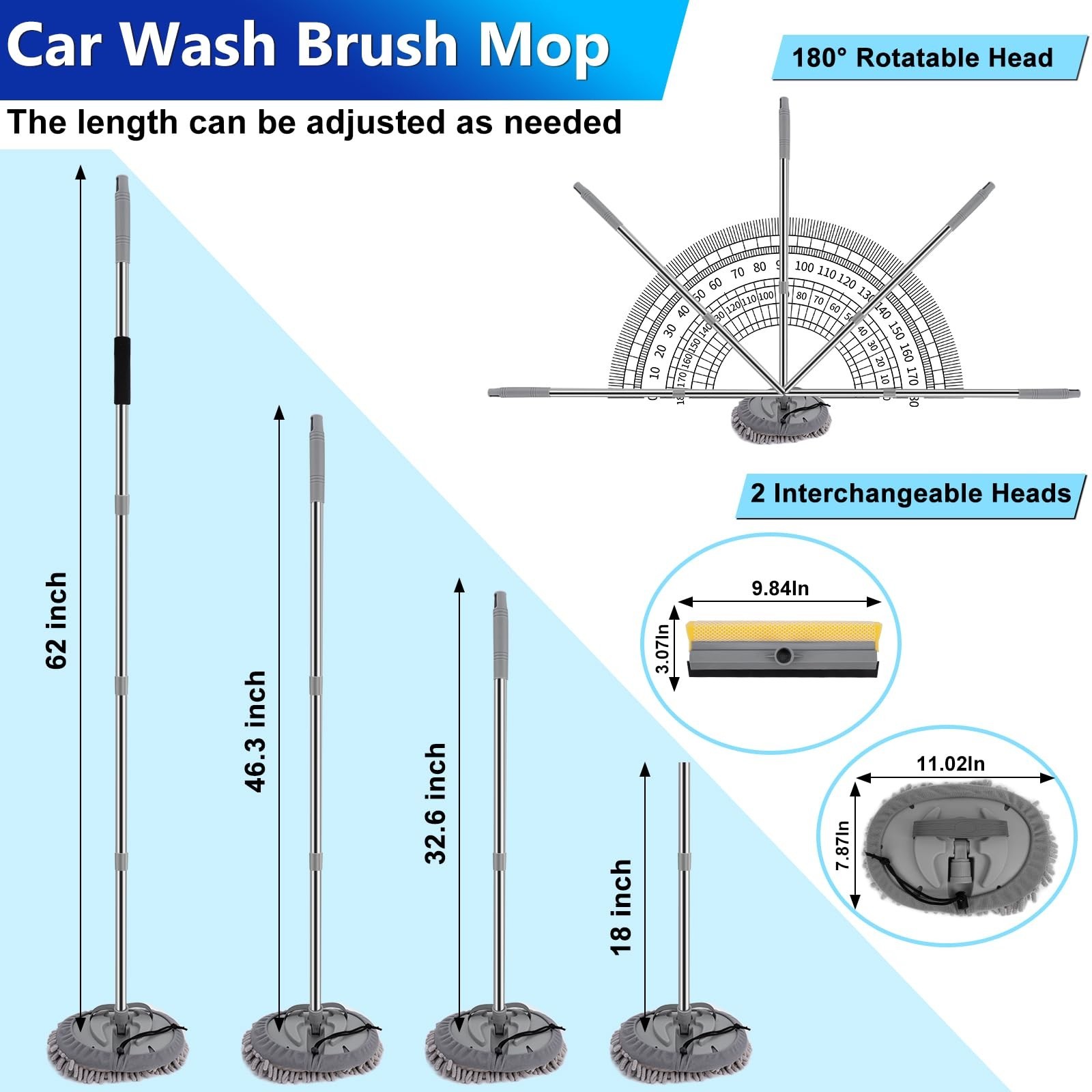 Car Wash Kit – 62″ Extendable Brush Mop, 2-in-1 Squeegee & 9 Detailing Brushes
