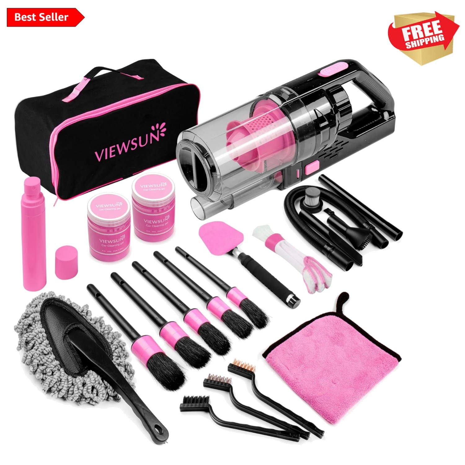17-Piece Pink Car Cleaning Kit with High-Power Vacuum for Effortless Detailing