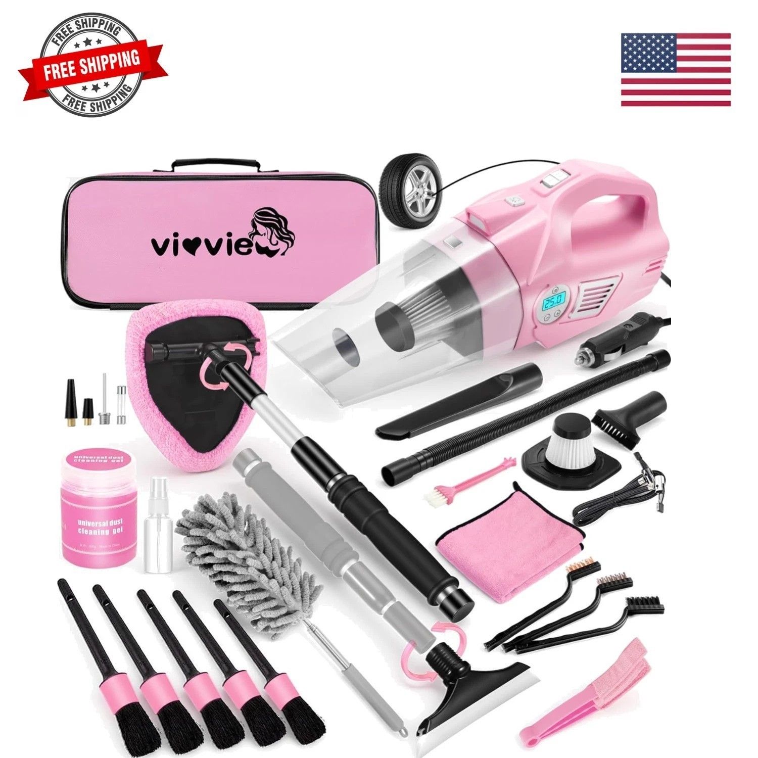 Pink Car Cleaning Kit, 25Pcs Detailing Kit Interior with 4-in-1 Power Handhel…