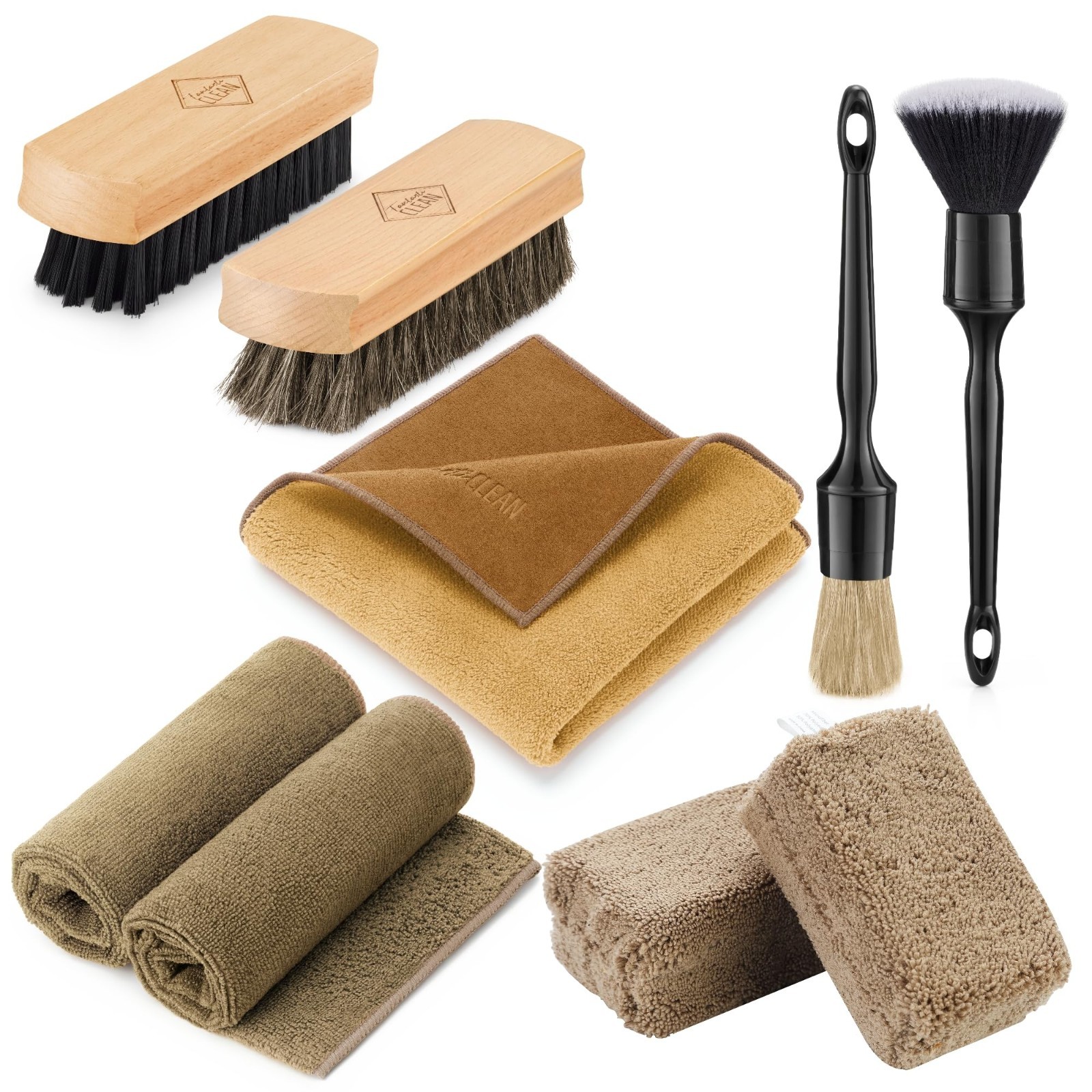 9PC Car Detailing Kit – Boar & Horse Hair Brushes, Microfiber Towels, Scratch-Fr