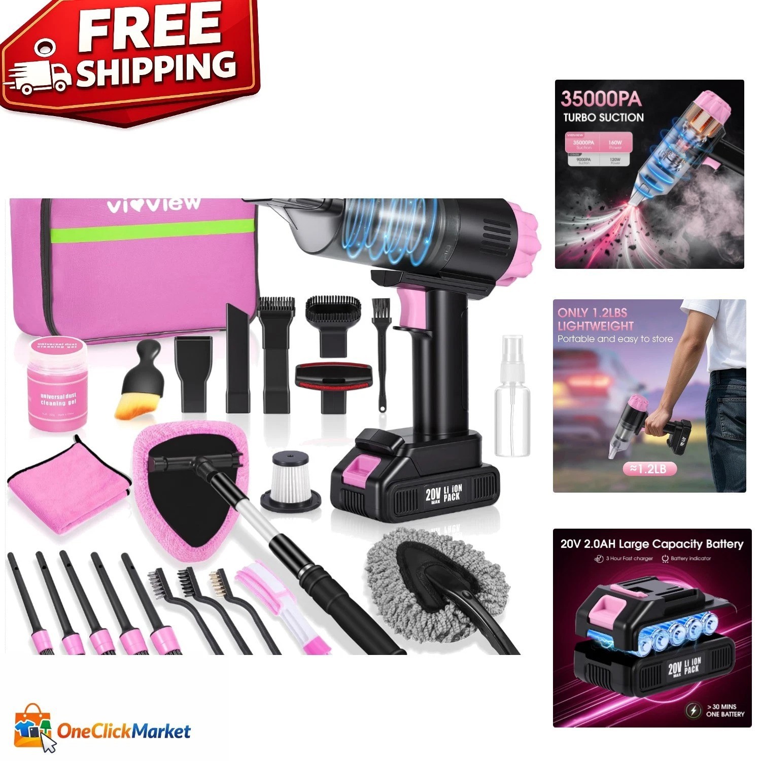 Complete Portable Pink Car Cleaning Kit with 40 Min Runtime Vacuum & Accessories