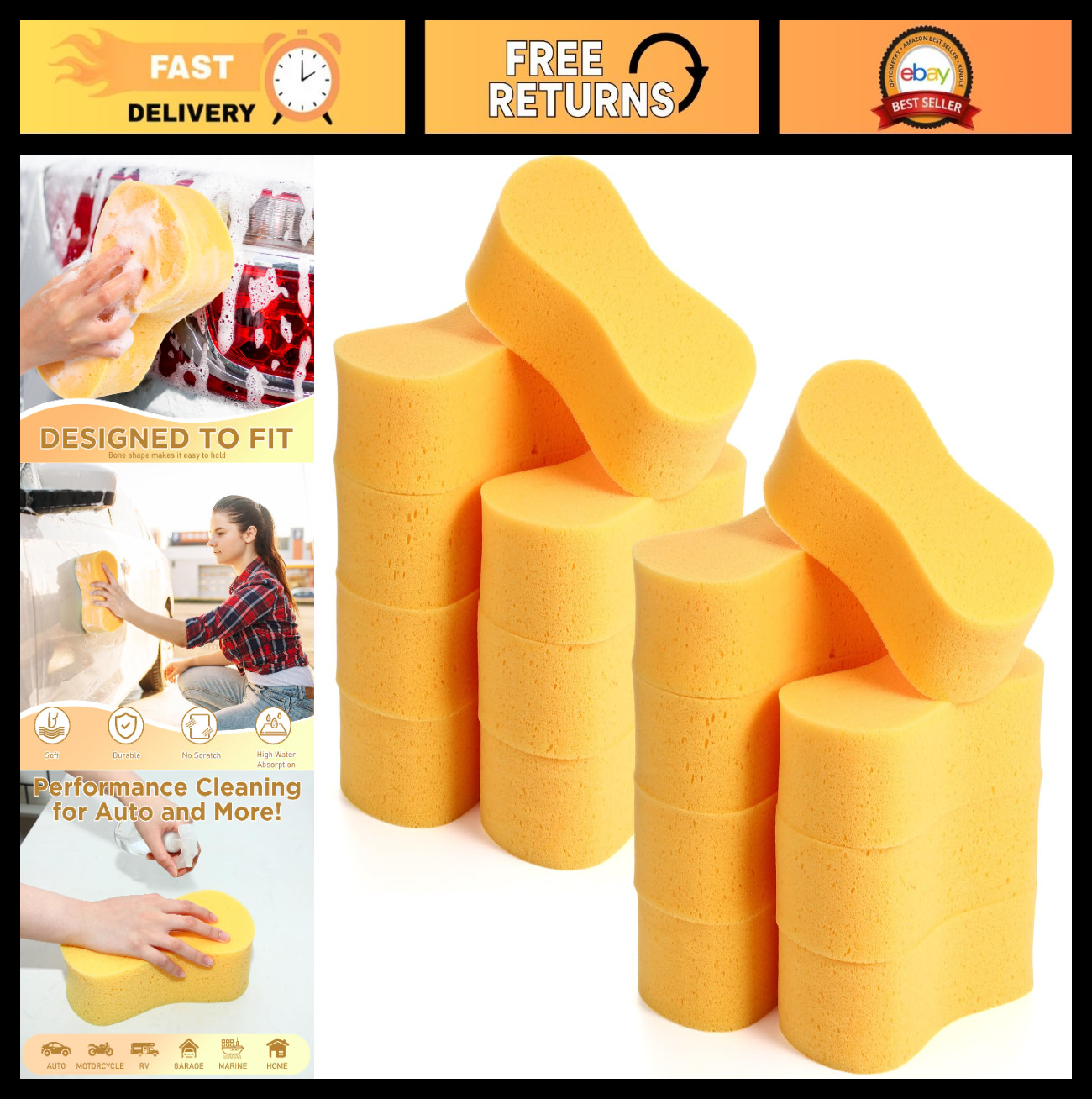 16 Pcs Extra Large Car Wash Sponges – Thick Foam Scrubber for All Purpose Cleani