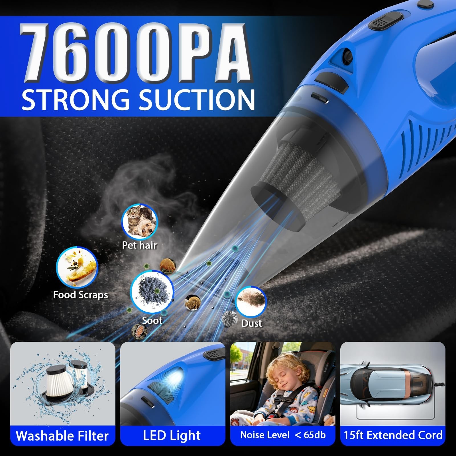 Car Cleaning Kit – High Power Handheld Vacuum, Brush Set, Windshield Cleaner & S