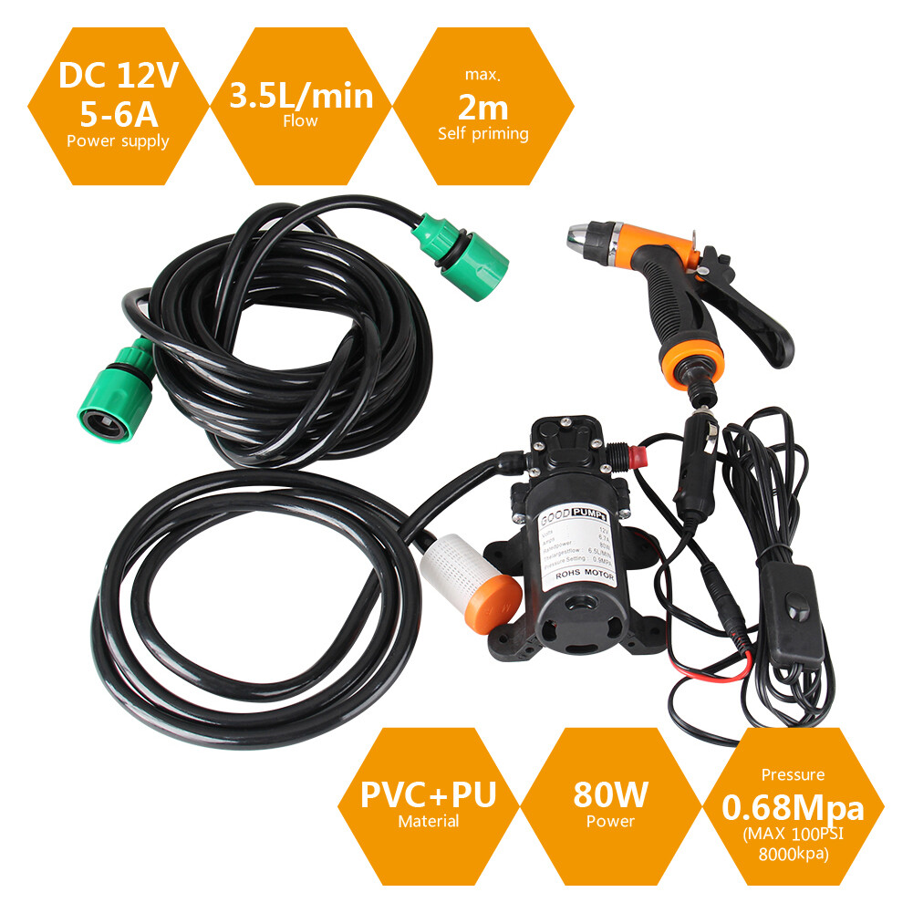 Mini Portable Electric Car Washer Kit 80W 130PSI High Pressure Water Pump DC 12V