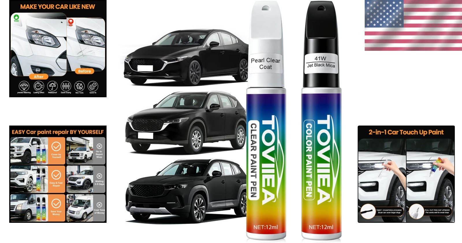 Car Scratch Repair Kit Compatible with Mazda Jet Black Mica 41W 0.4 Fl Oz 2-Pcs