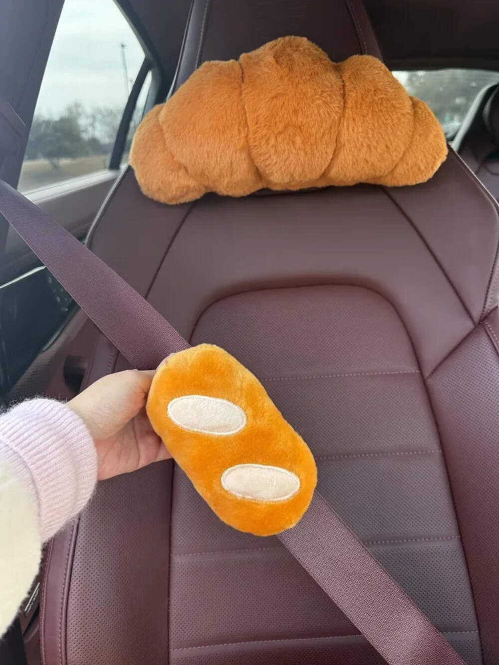 Cute Croissant Car Headrest Neck Pillow Plush Bread Seat Belt Cover Head