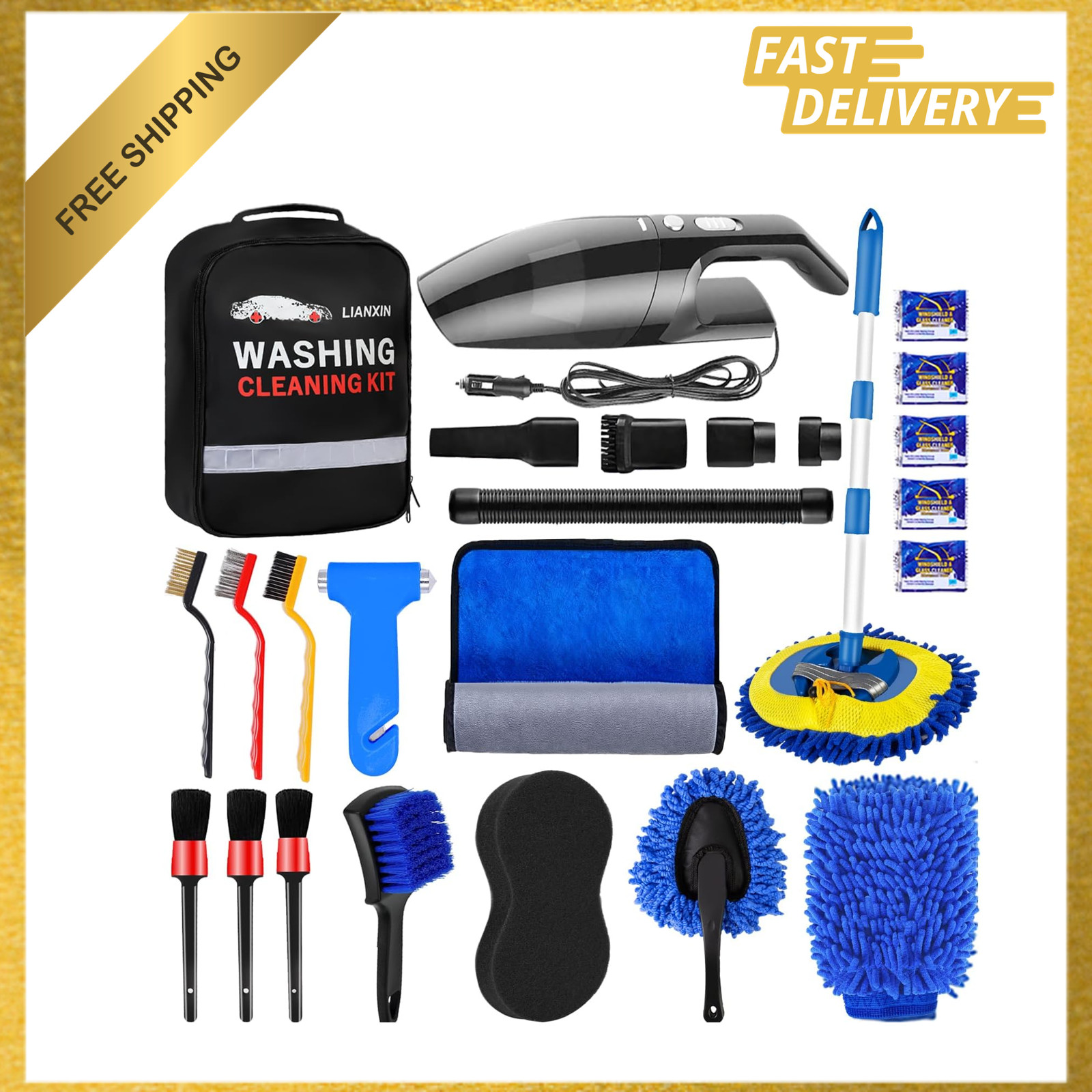Car Wash Kit with High Power Handheld Vacuum and Detailing Tools, Microfiber