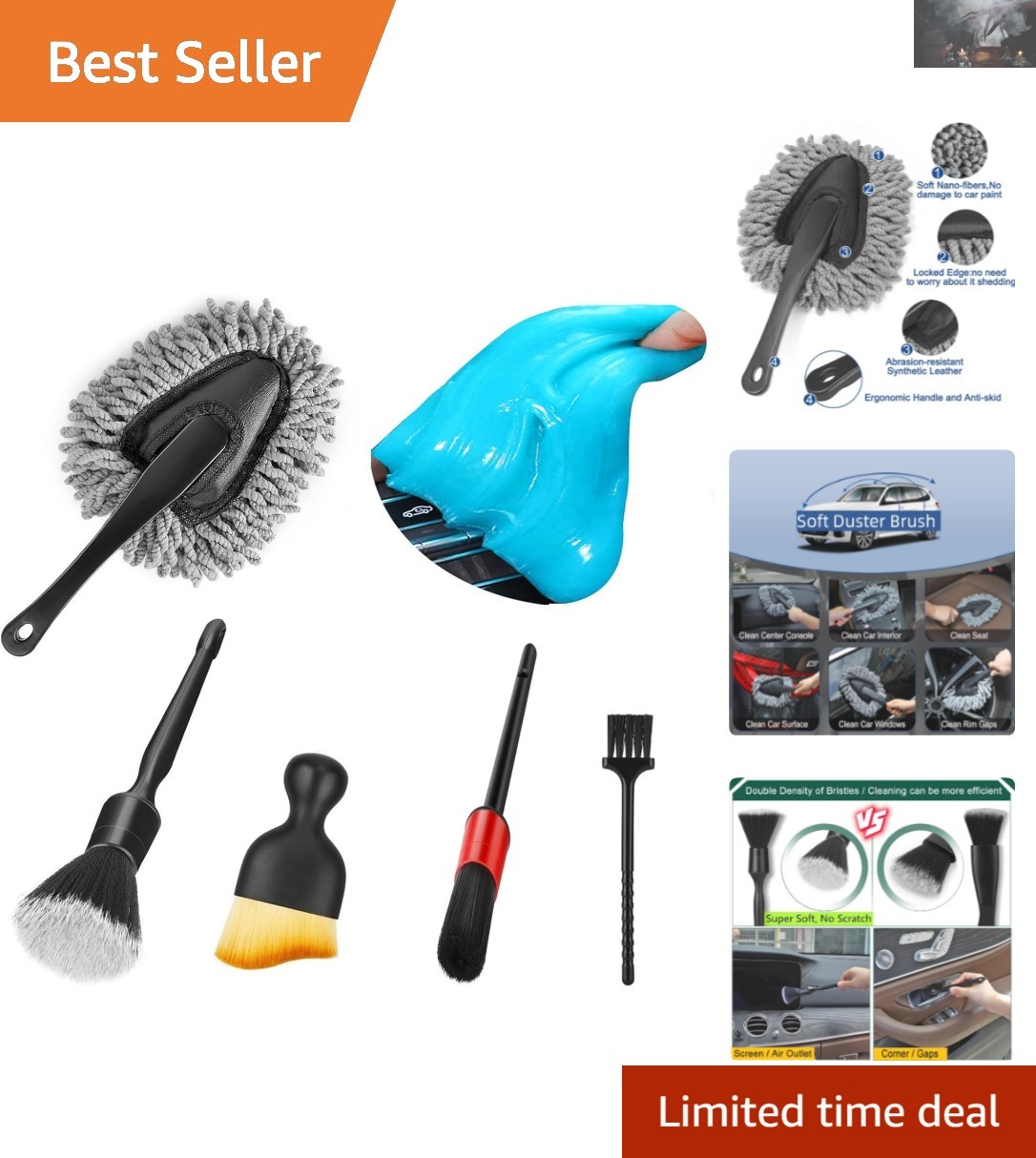 Deluxe Car Detailing Brush Set with Eco-Friendly Cleaning Gel for Interior Care