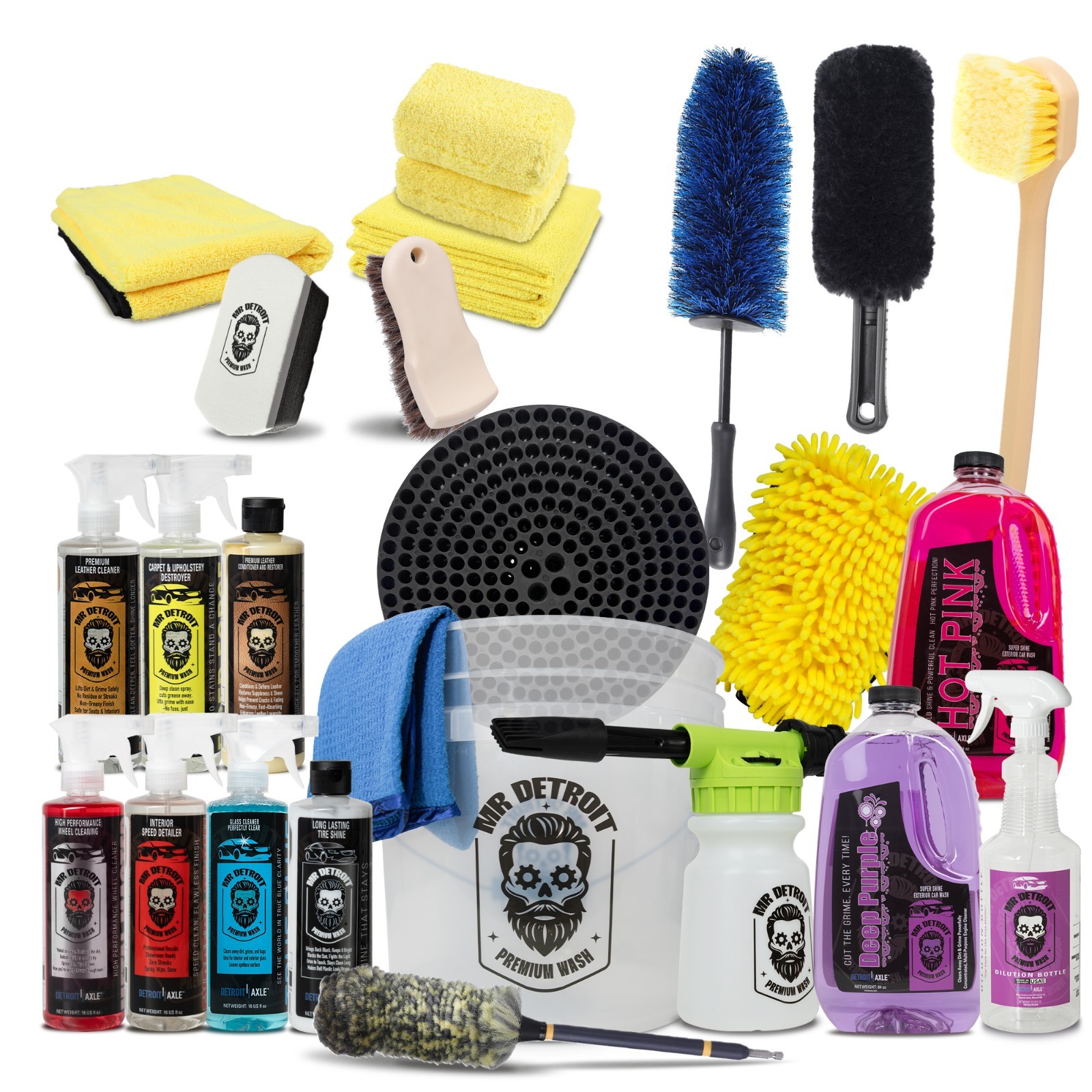 Mr. Detroit – 24pc Car Detailing Kit with Wheel Brushes, Towels & Cleaners Set
