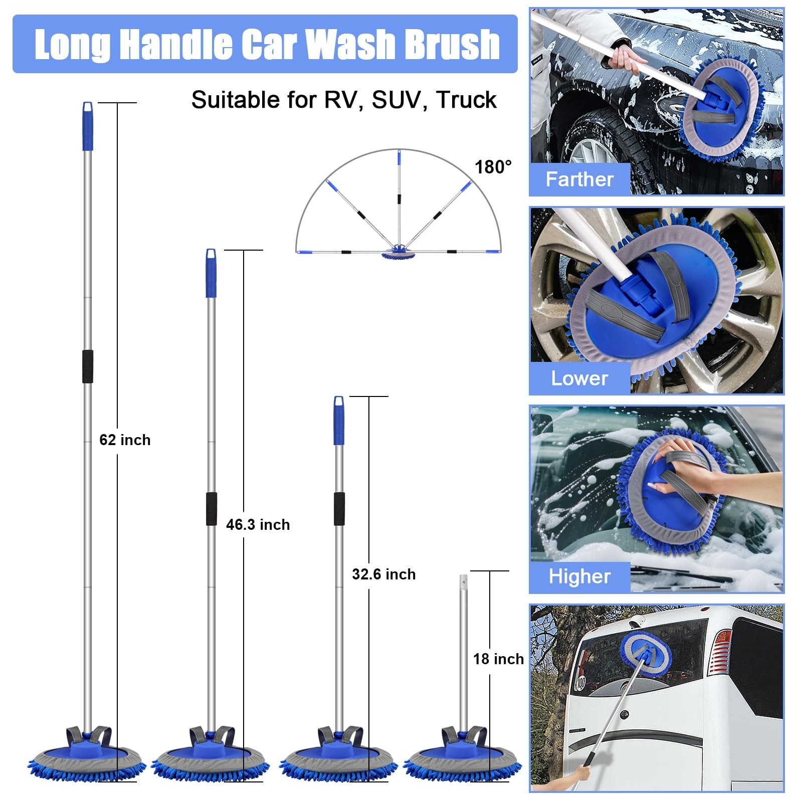 62″ Microfiber Car Wash Brush Set – Long Handle, Mitt, Sponge & Duster Kit