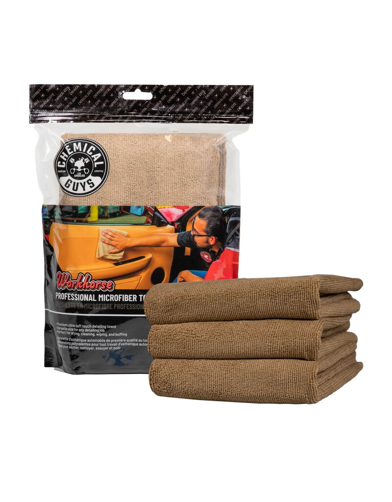 3 PK. CHEMICAL GUYS 16 X 16 TAN WORKHORSE PROFESSIONAL MICROFIBER TOWEL MIC34403