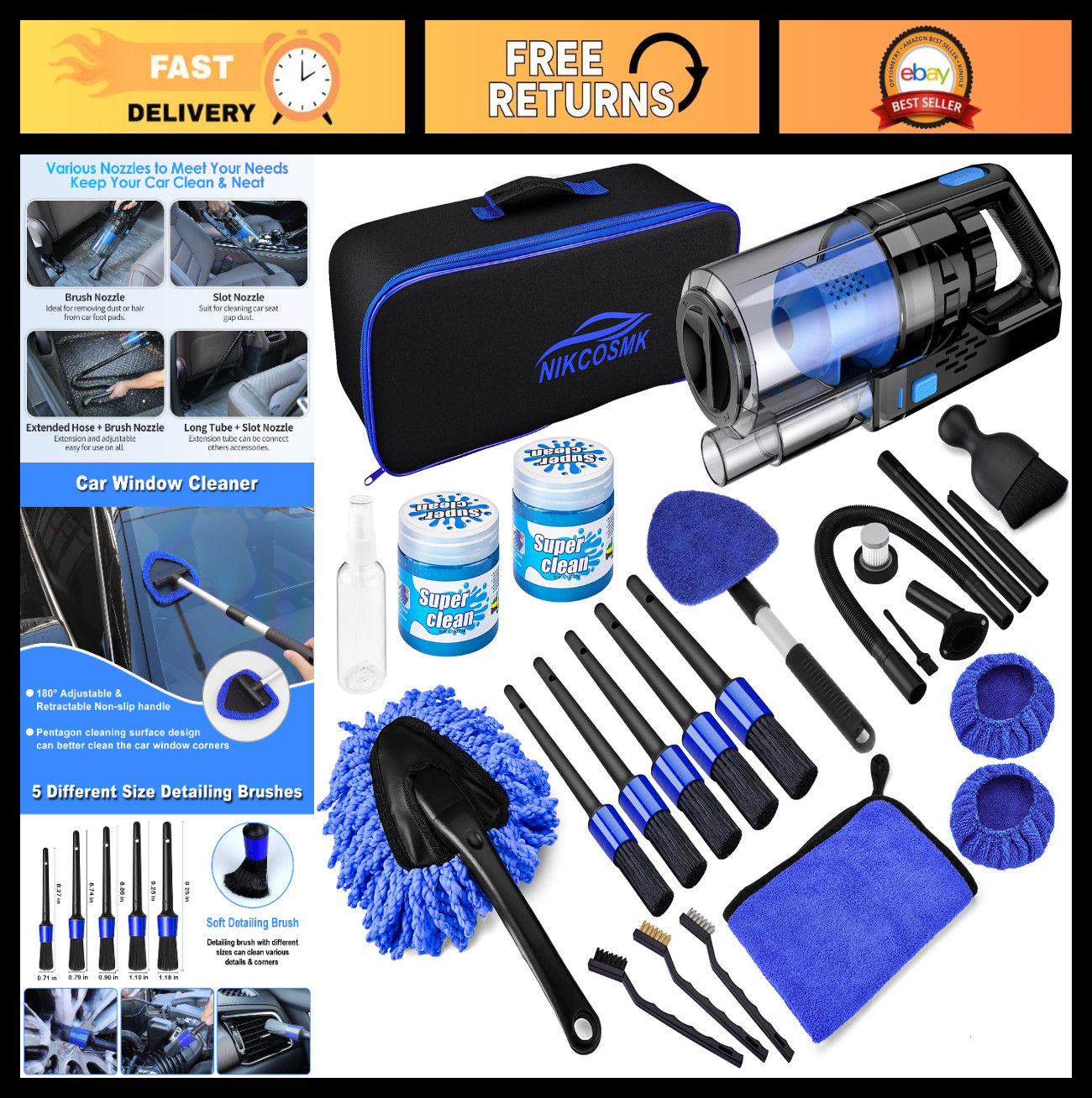 17pcs Car Detailing Kit – Interior Cleaner, Vacuum, Brushes & Windshield Tool