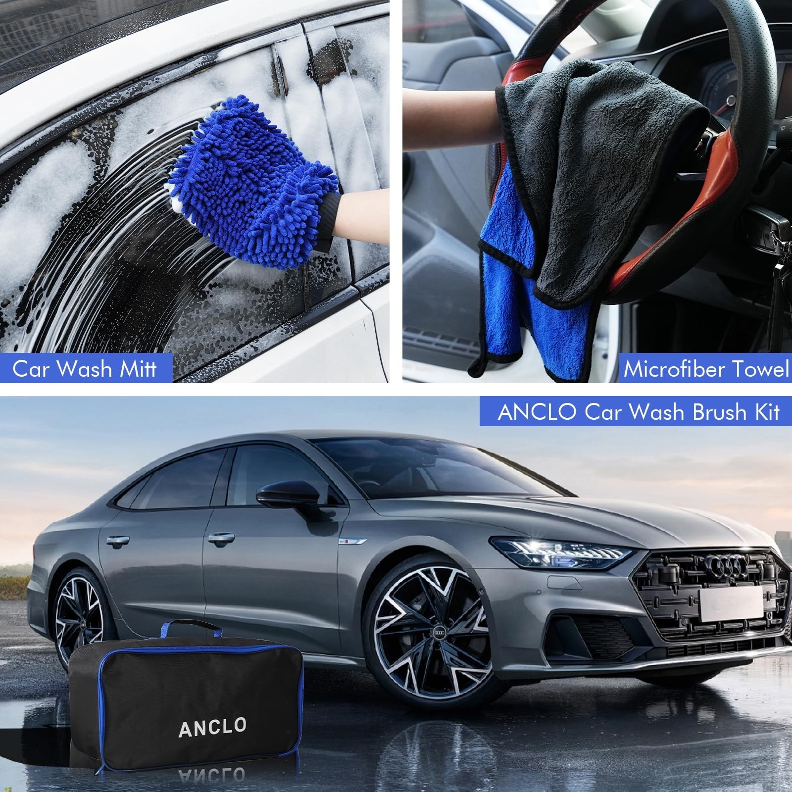 62” Long Handle Car Wash Brush Kit – Scratch-Free Mop, Tire Brush, Mitt & Squee