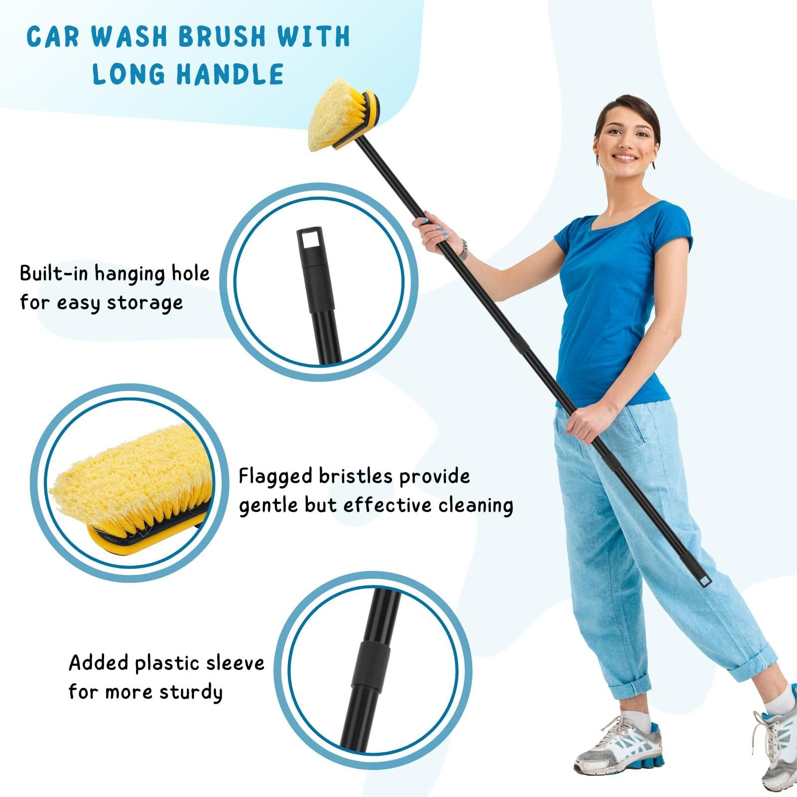 Car Wash Brush with Long Handle, 55” Vehicles Exterior Washing 55”, Yellow