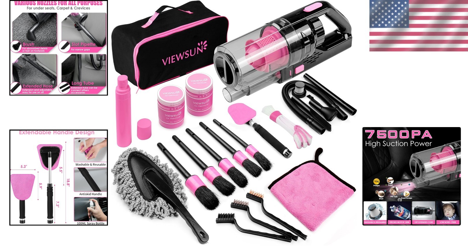 17-Piece Pink Car Cleaning Kit with High-Power Vacuum for Effortless Detailing