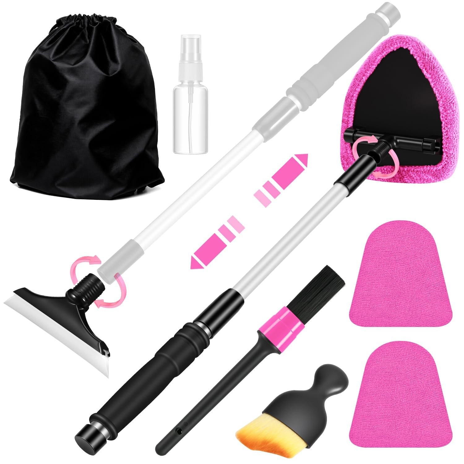 Pink Windshield Cleaner Tool, Car Interior Cleaning Kit with Extendable Handl…