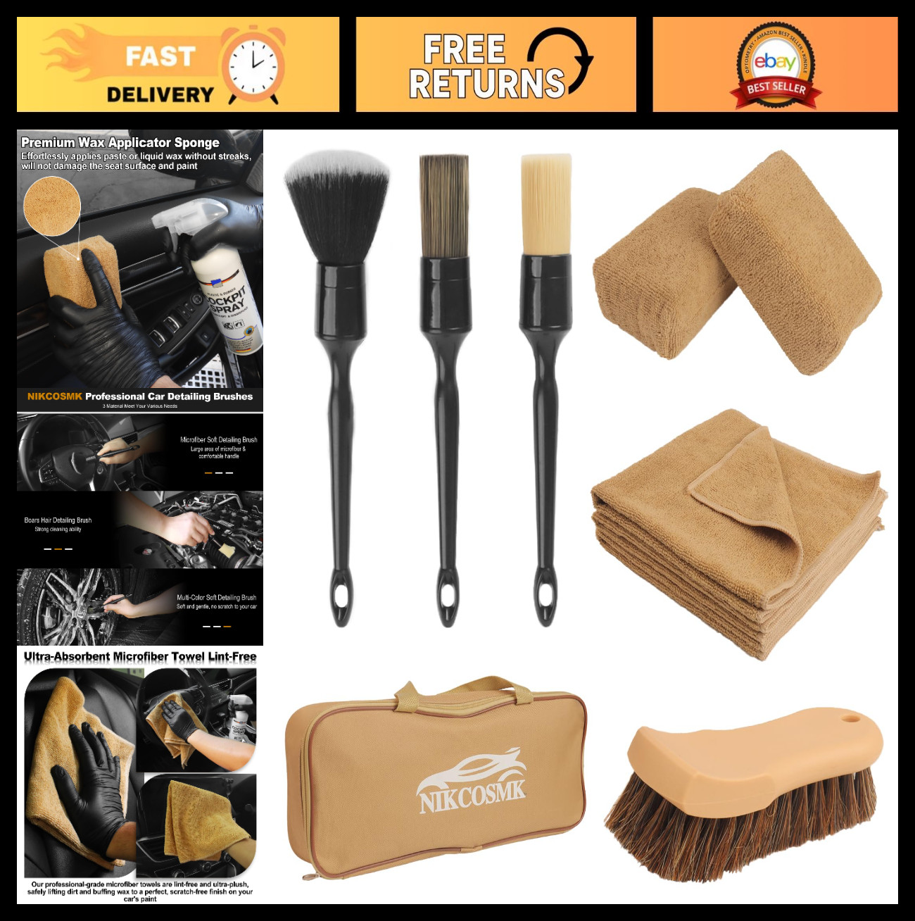 10PCS Car Detailing Kit – Interior Cleaner Brushes, Microfiber Cloths & Applicat
