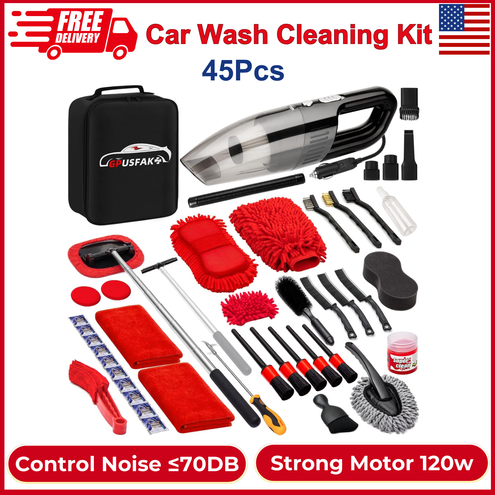 45Pcs Car Wash Cleaning Kit With High Power Handheld Vacuum Windshield Cleaning