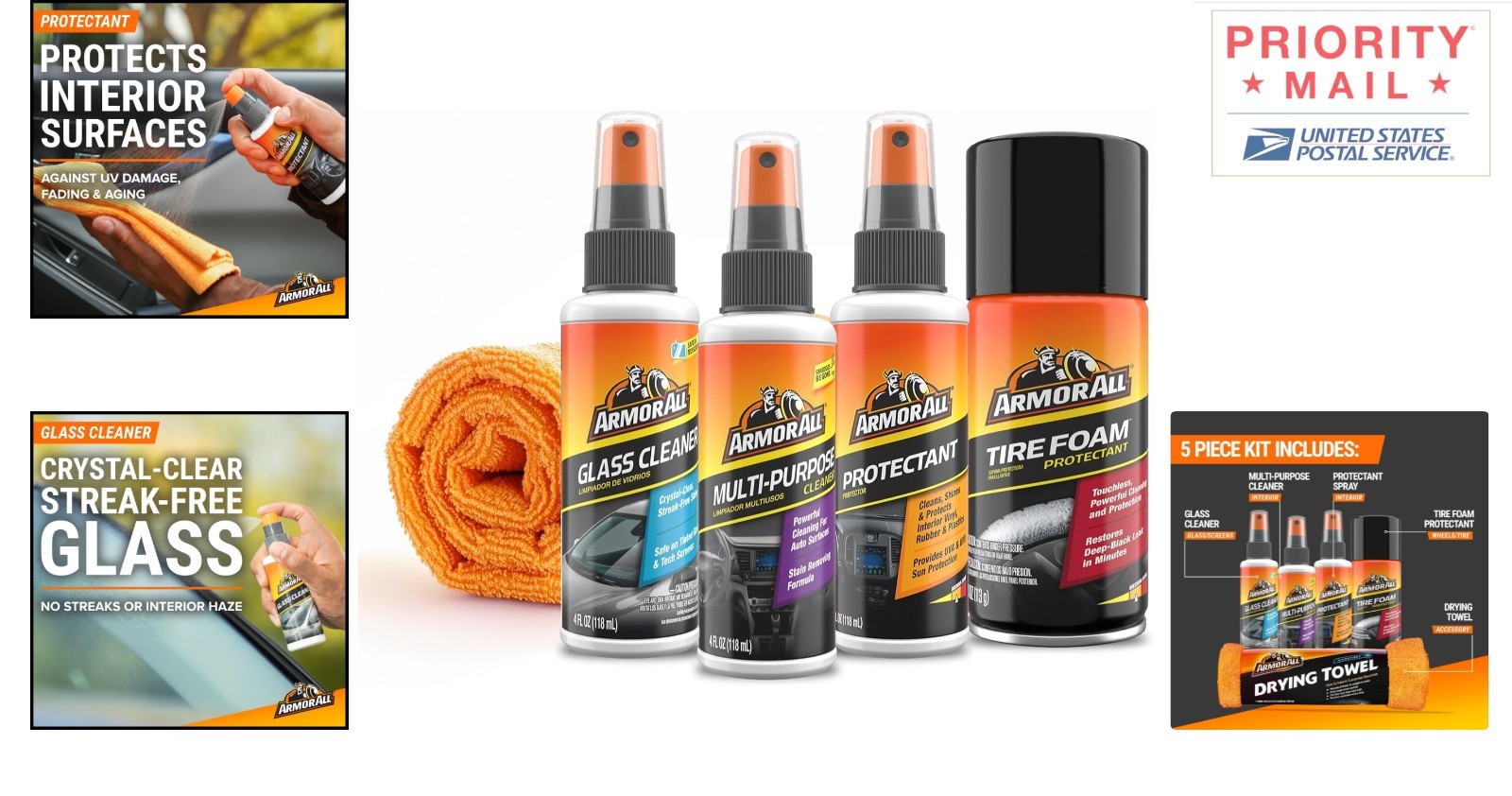 Complete Car Detailing Kit 5 Piece Streak Free Glass Cleaner Multi Purpose Spray