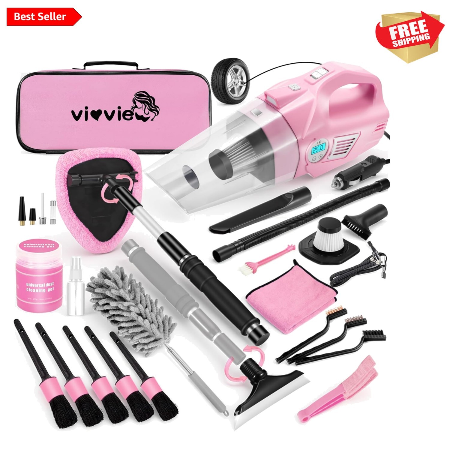 Luxurious Pink Car Cleaning Kit – 25-Piece Detailing Set with High-Power Vacuum