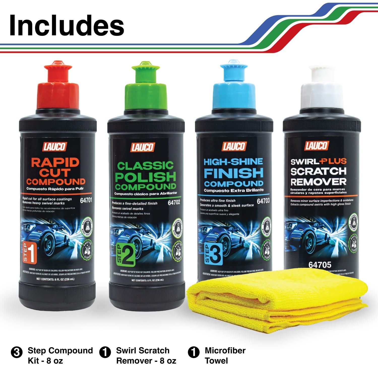LAUCO Paint Correction Compounds Step 1, 2, 3, Swirl Remover 8oz Kits, with…