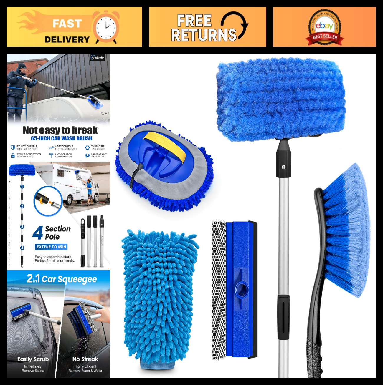 65″ Five-Sided Car Wash Brush Kit – Scratch-Free Cleaning, Soft Brush, Mitt & Sq