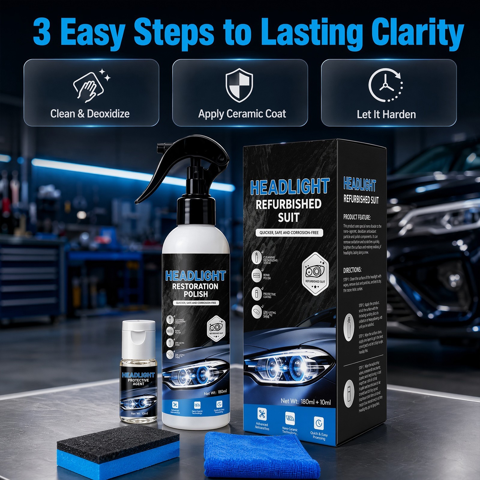 Automotive Headlight Restoration Kit, Fix Yellowed Oxidized Cloudy Lamps 180ml