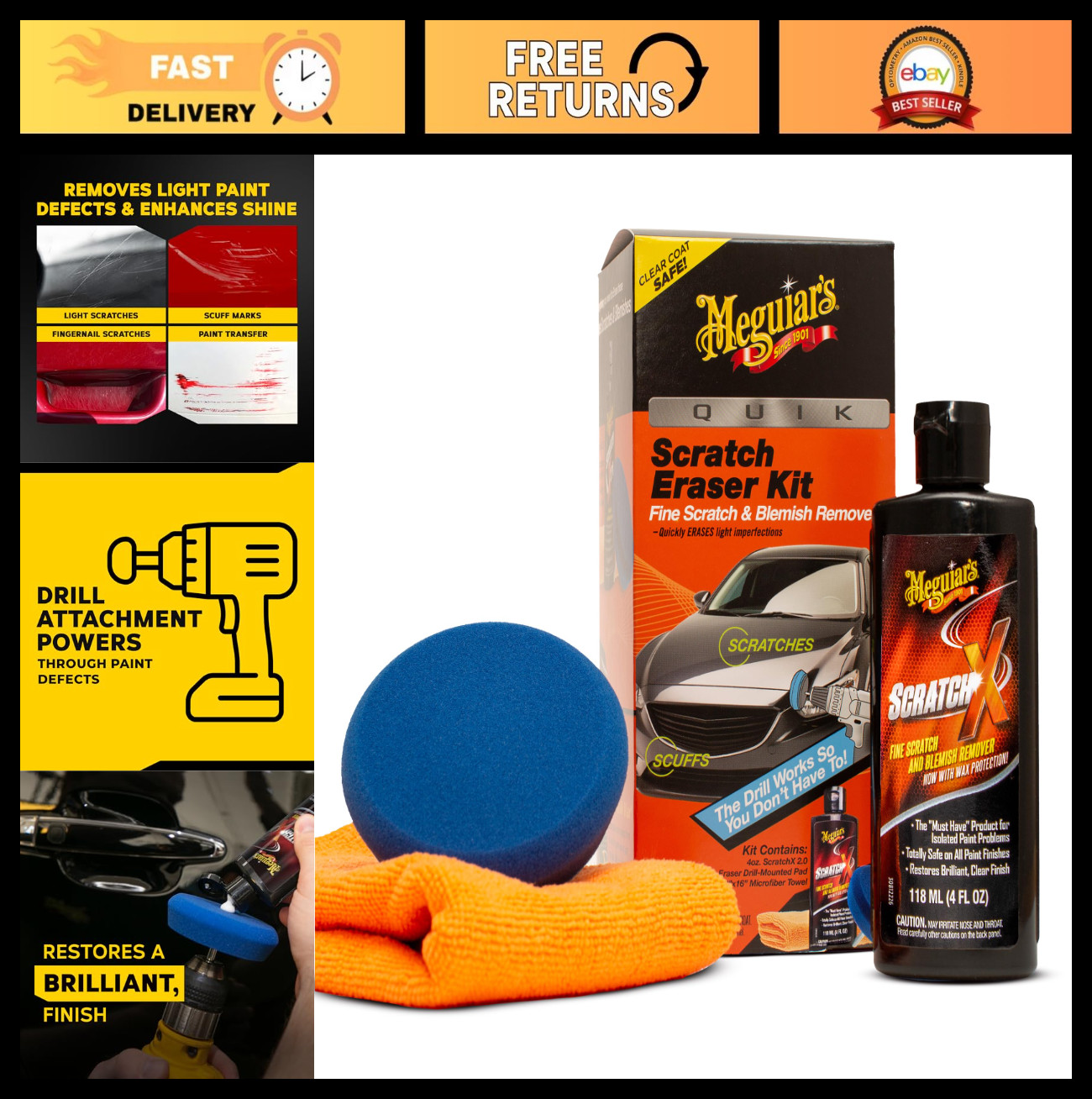 Car Scratch Repair Kit – Quik Eraser for Surface Blemishes, ScratchX, Drill Pad