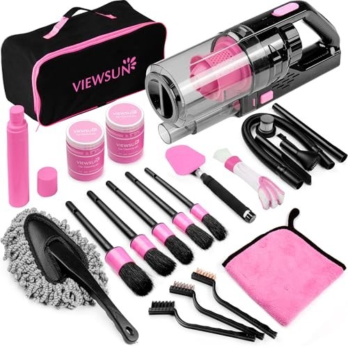 17pcs Car Cleaning Kit – Pink Interior Detailing, Handheld Vacuum, Brushes & Gel