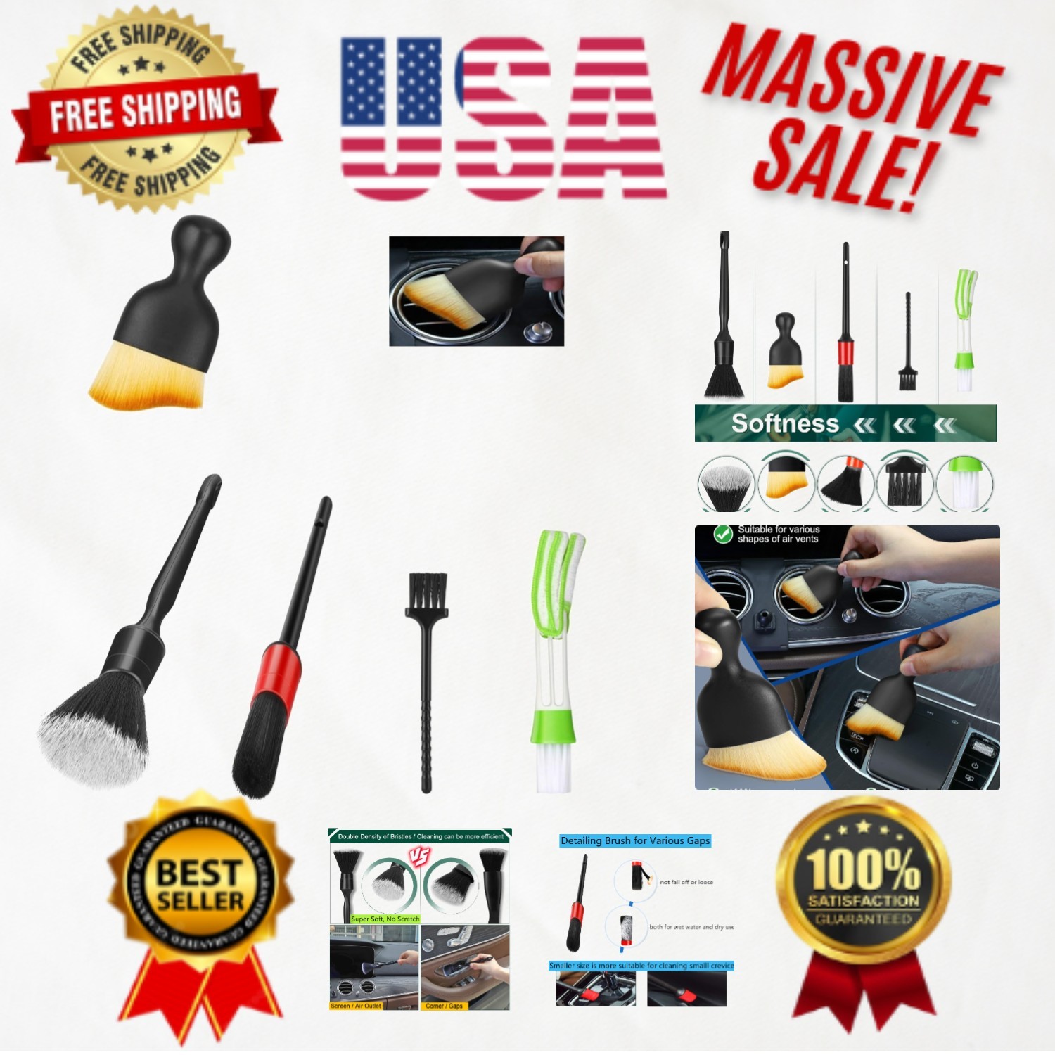 Professional Car Detailing Brush Set with Ultra-Soft Bristles for Interior Care