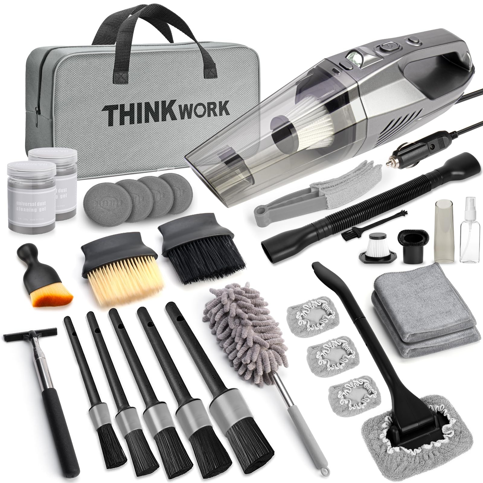 THINKWORK Car Cleaning Kit, Detailing Kit 31PCS with Corded vacuum, Gray