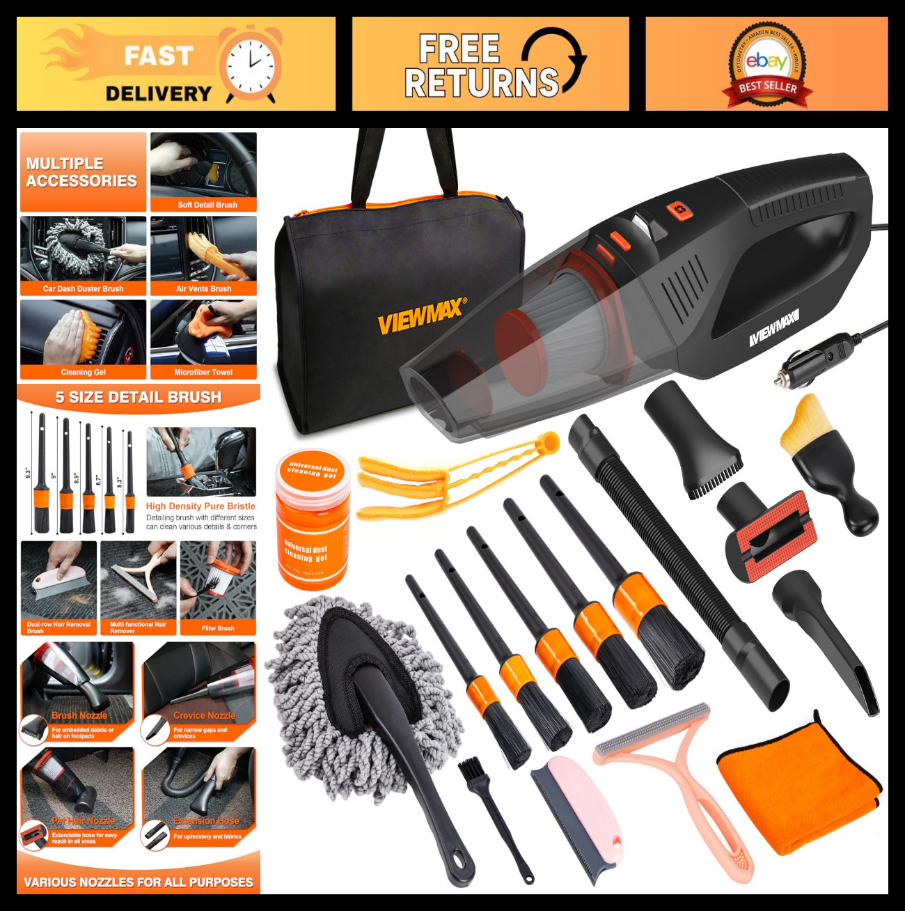 19-Piece Car Cleaning Kit, High Power 12V Vacuum, Detailing Brushes & Gel, Stora