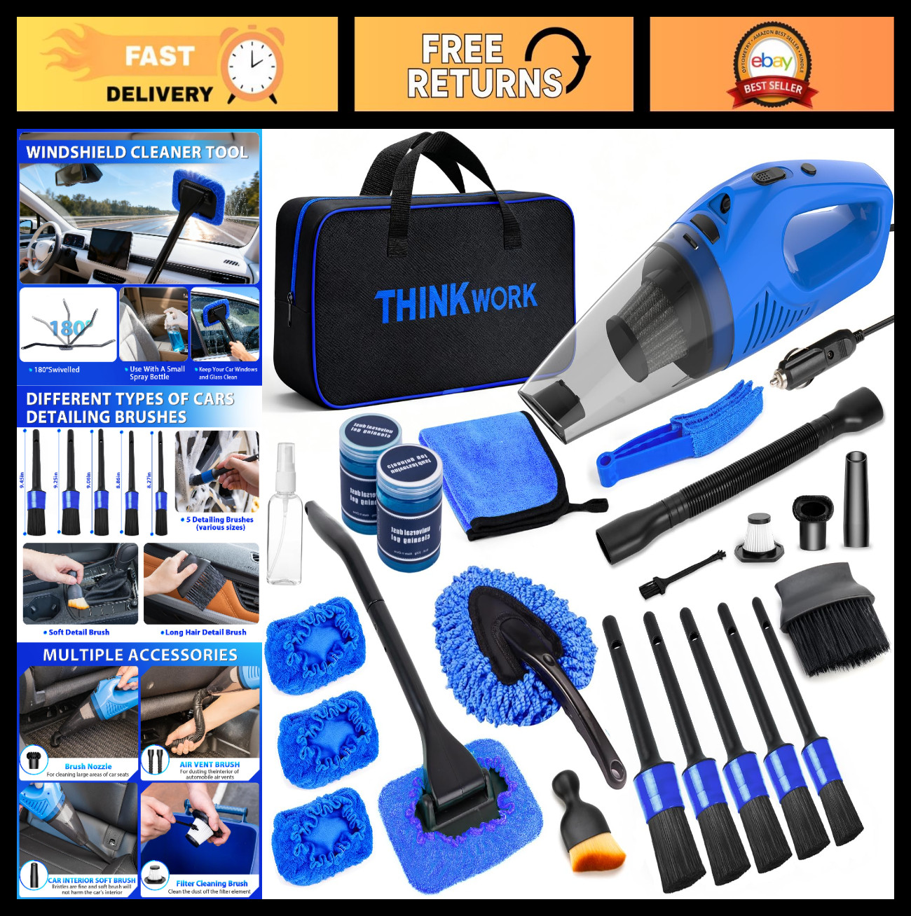 Car Cleaning Kit – High Power Handheld Vacuum, Brush Set, Windshield Cleaner & S