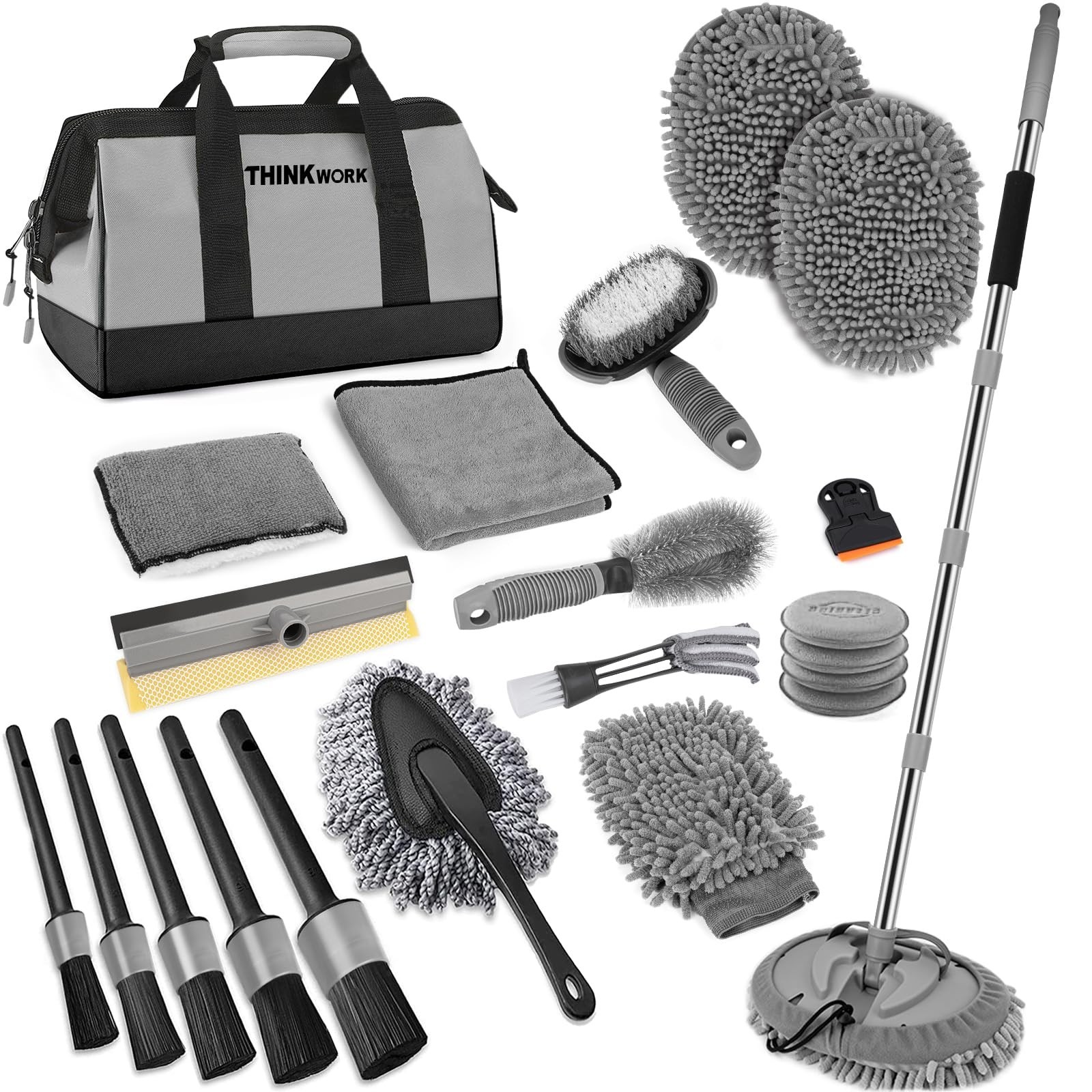 Car Wash Kit – 62″ Extendable Brush Mop, 2-in-1 Squeegee & 9 Detailing Brushes