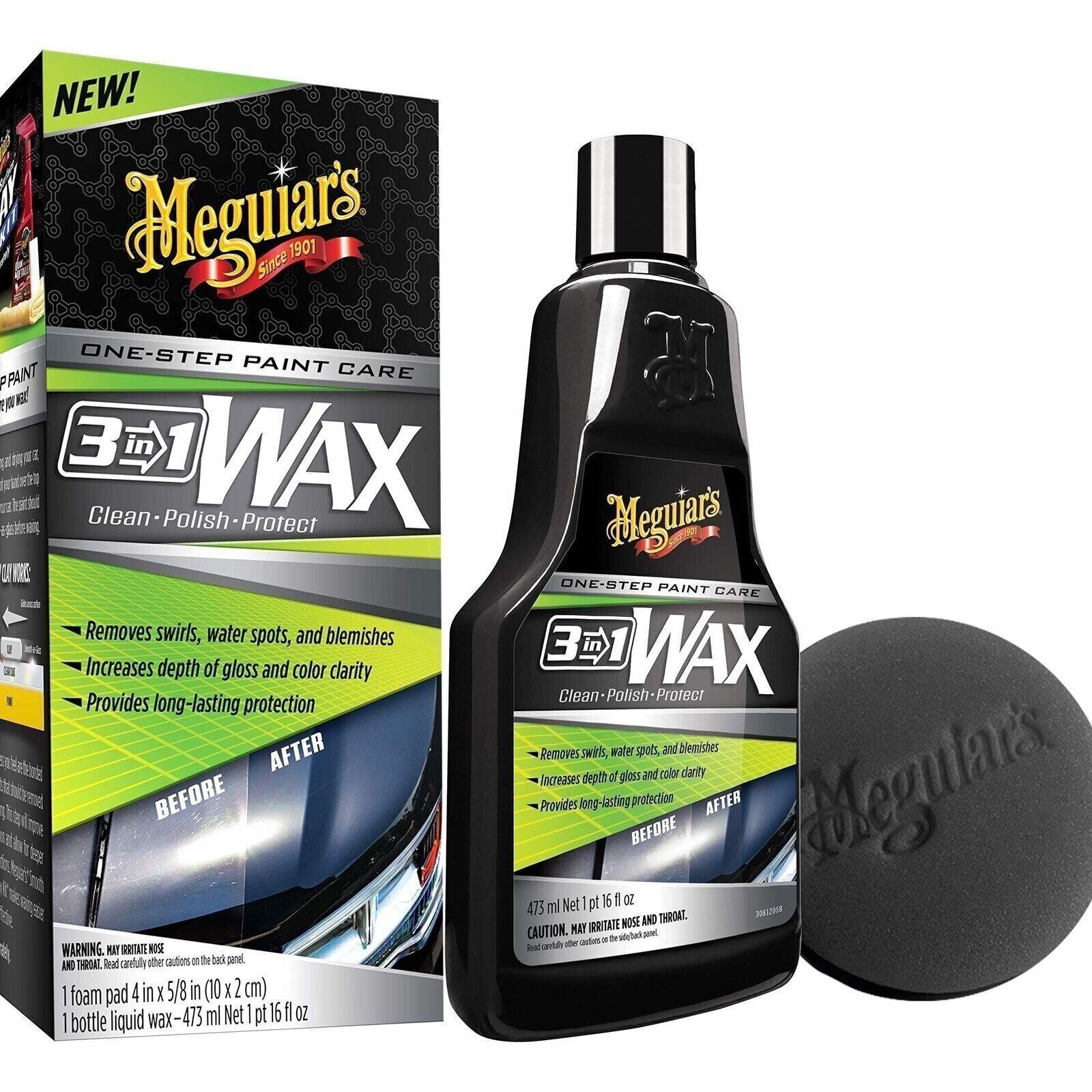 Meguiar’s 3-in-1 Liquid Wax Kit – 16 Oz Bottle and Foam Applicator Pad