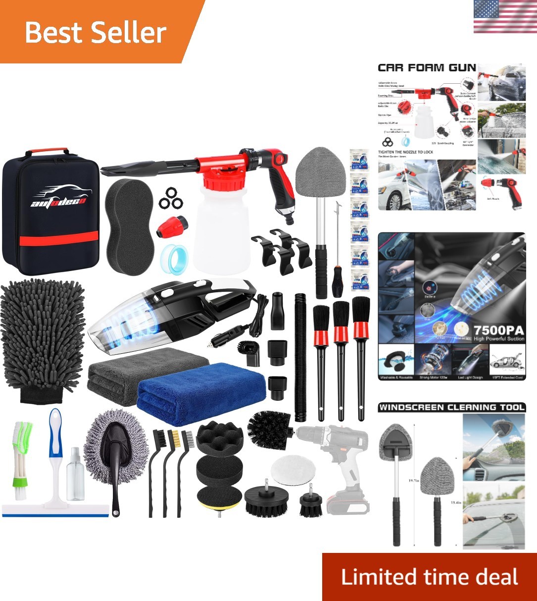 40PCS Car Wash Detailing Kit Foam Gun Vacuum Brushes Towels Interior Exterior