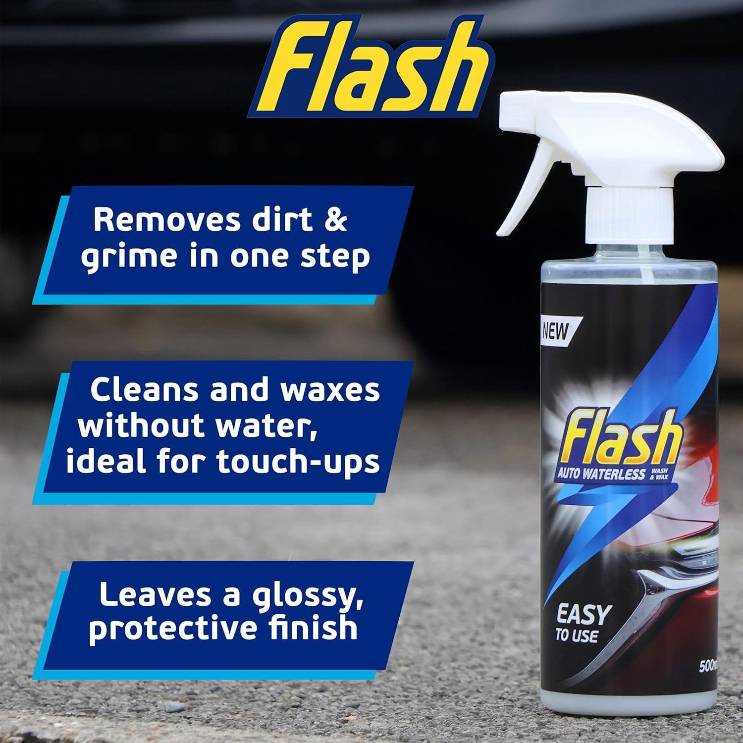Flash Waterless Wash & Wax Quick & Effective Waterless Car Cleaner Spray 2x500ml